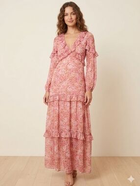 STRADIVARIUS PINK FLORAL MAXI DRESS | BOHO RUFFLE LONG SLEEVE | ROMANTIC FLOWY